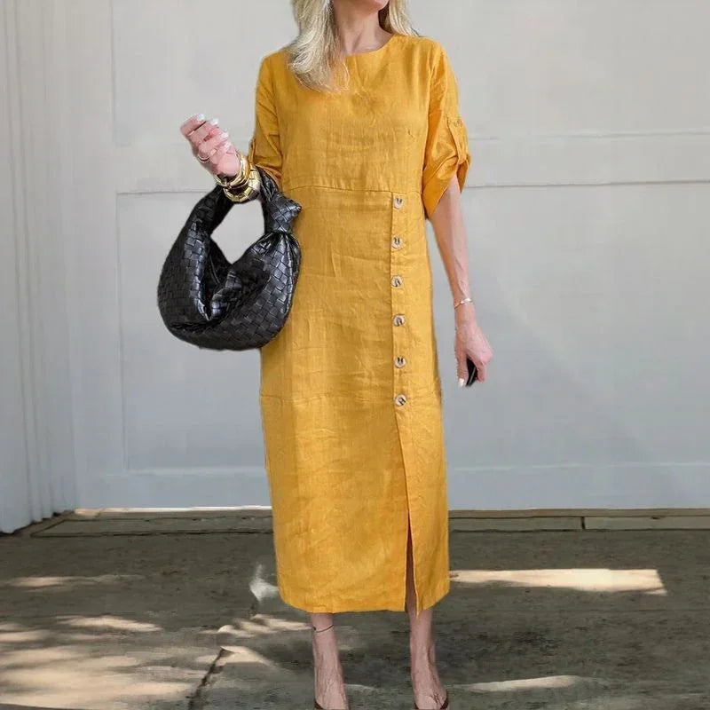 Adelie™ Cotton Linen Dress with Side Buttons and Sophisticated Slit / Movement and Elegance in the Right Measure!